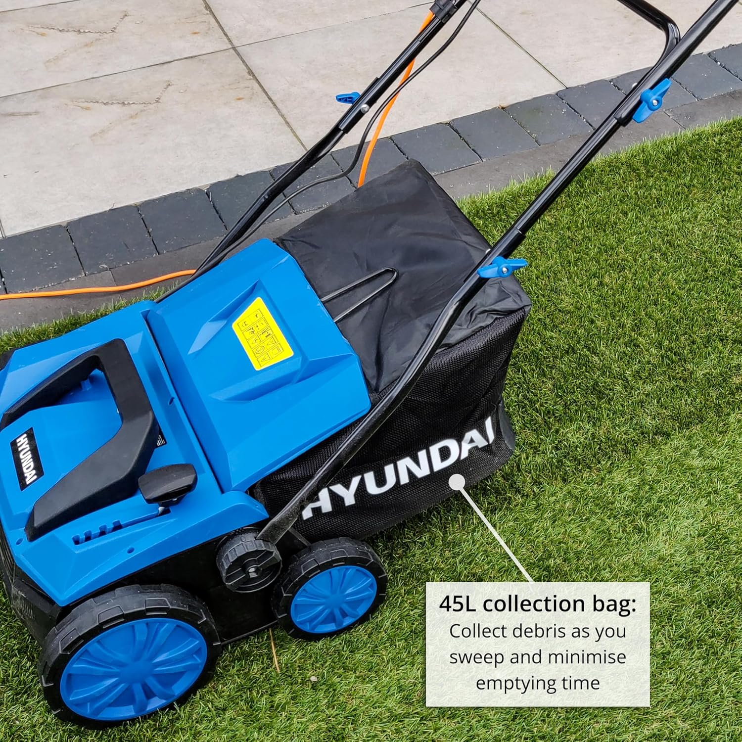 Hyundai 1600W 15'' 38cm Artificial Grass Sweeper Multi-use Brush 45 Litre Collection Bag 5 adjustable sweeping heights 3 Year Warranty