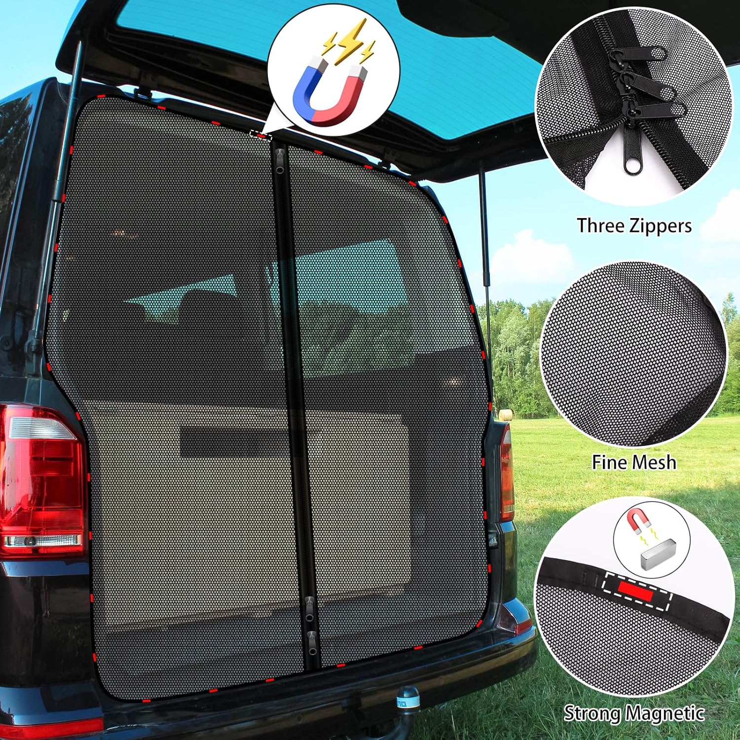 ZATOOTO Van Bug Screen for VW T5 T6, Magnetic Rear Door Mosquito Screen Net with Zipper Closure, Fly Screen Mosquito Net for Outdoor Camping