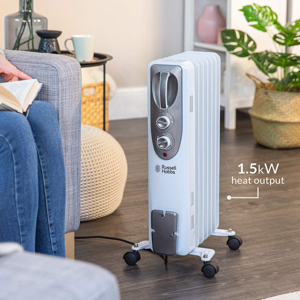 Russell Hobbs 1500W/1.5KW Oil Filled Radiator, 7 Fin Portable Electric Heater - White, Adjustable Thermostat with 3 Heat Settings, Safety Cut-off, 15 m sq Room Size, RHOFR5001, 2 Year Guarantee