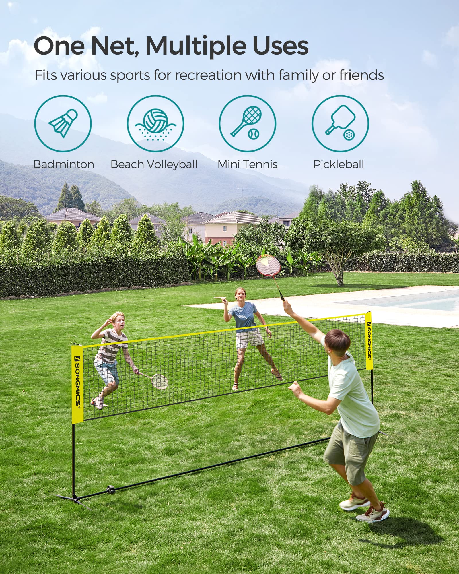 SONGMICS 3 m Badminton Net, Volleyball Net, Adjustable Poles Height, Portable Set for Tennis