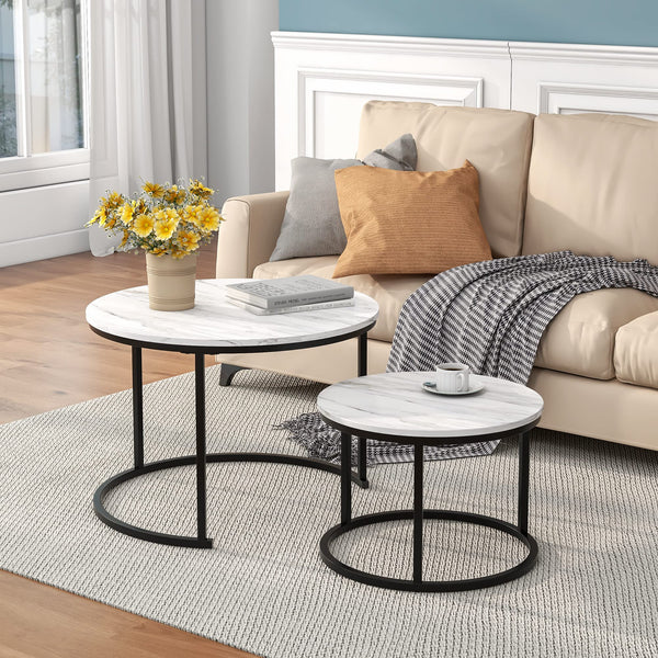 HOJINLINERO Black Round Coffee Table Set of 2 Side Table for Living Room,Nesting Table Industrial Stacking End Tables,Marble Pattern with Metal Frame