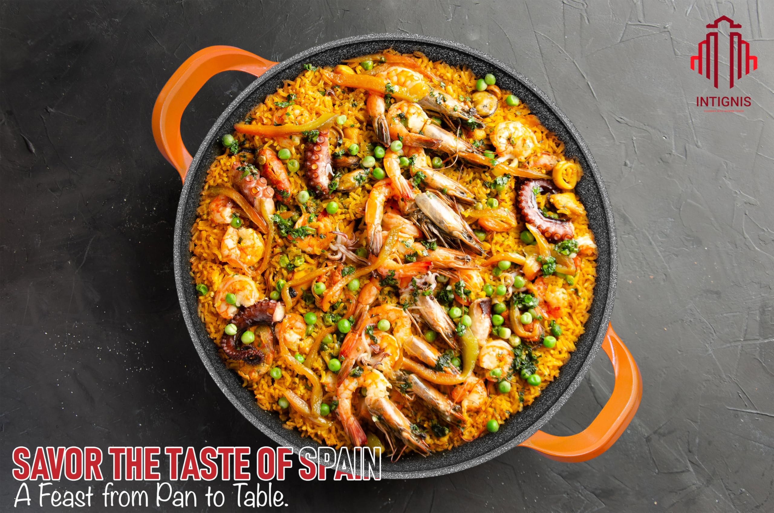 INTIGNIS Traditional Paella Pan 40cm  Non-Stick Induction | Heavy-Duty, Anti-Scratch, Stainless Steel Base | Paella+Pan for Gas, Electric & Ceramic