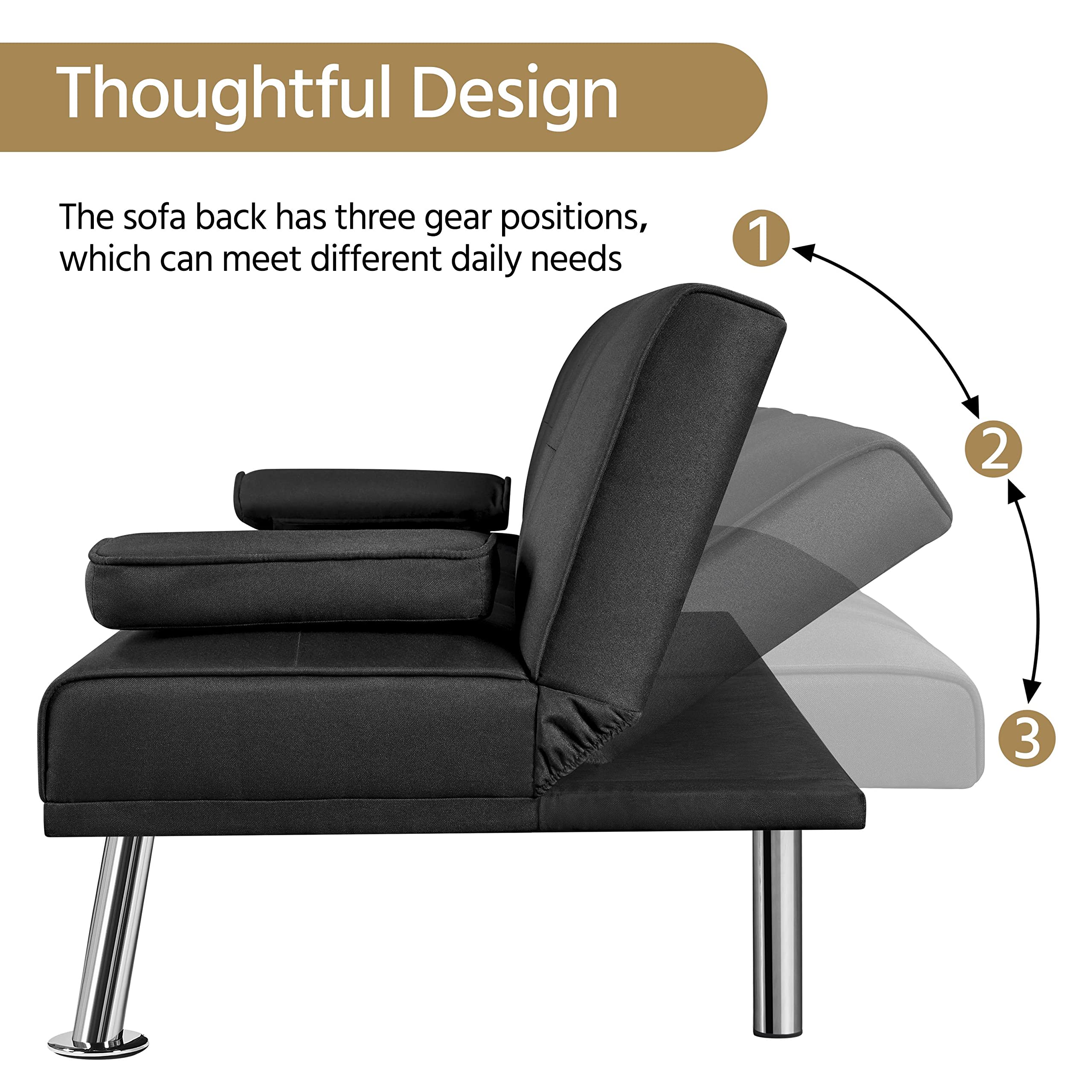 Yaheetech Sofa Bed Fabric Click Clack Sofa Bed with 2 Cup Holders, Convertible Futon Settee, Futon Recliner Lounge for Living Room, Spare Room, Bedroom, Black