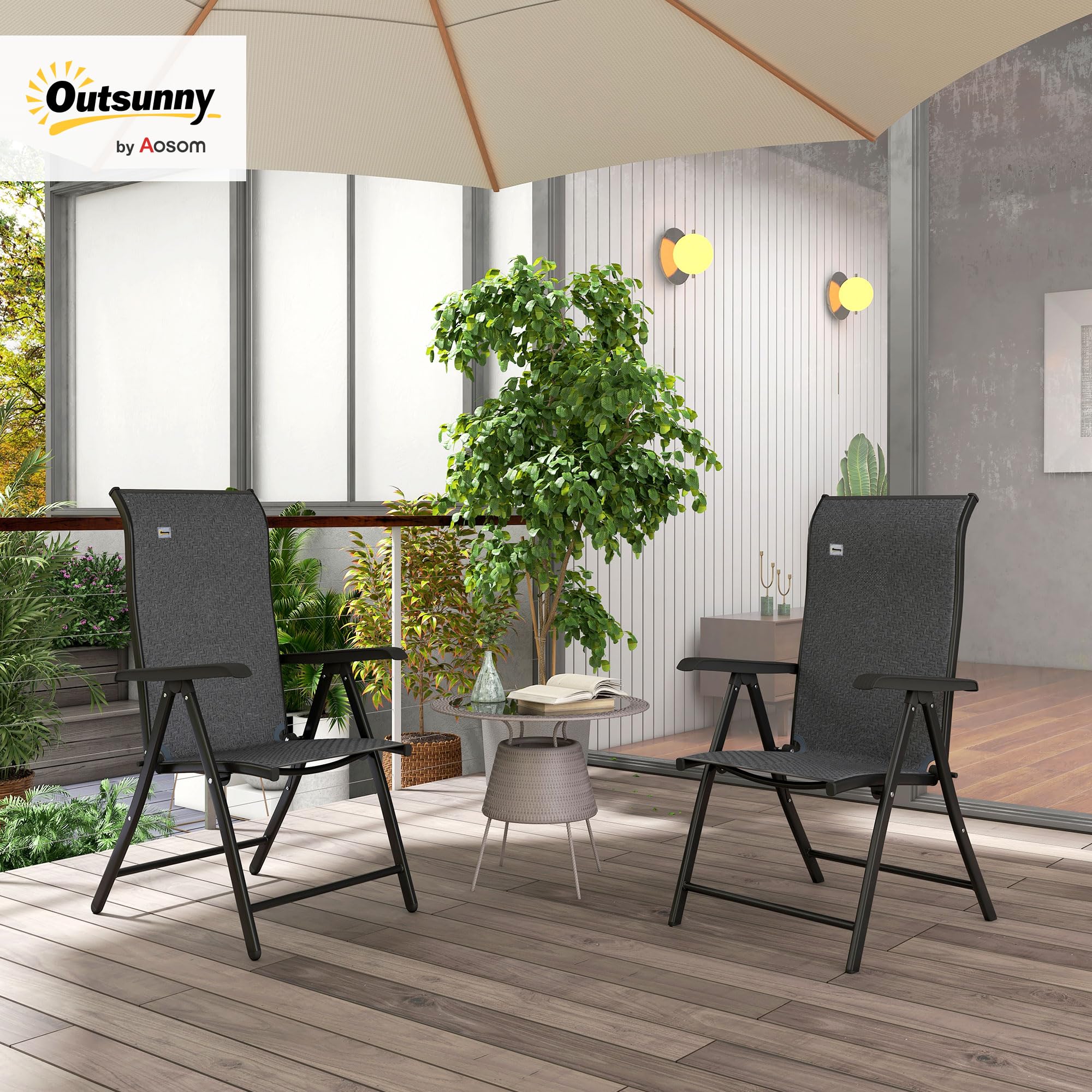 Outsunny Set of 2 Outdoor Wicker Folding Chairs, Patio PE Rattan Dining Armrests Chair set with 7 Levels Adjustable Backrest, for Outdoors, Camping, Brown