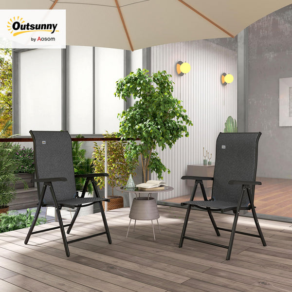 Outsunny Set of 2 Outdoor Wicker Folding Chairs, Patio PE Rattan Dining Armrests Chair set with 7 Levels Adjustable Backrest, for Outdoors, Camping, Brown