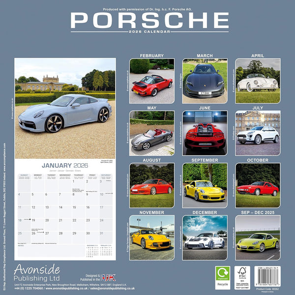 Porsche 2026 Calendar | Square Wall Calendar | Car Enthusiast Gift | Plastic Free Packaging | by Avonside Publishing