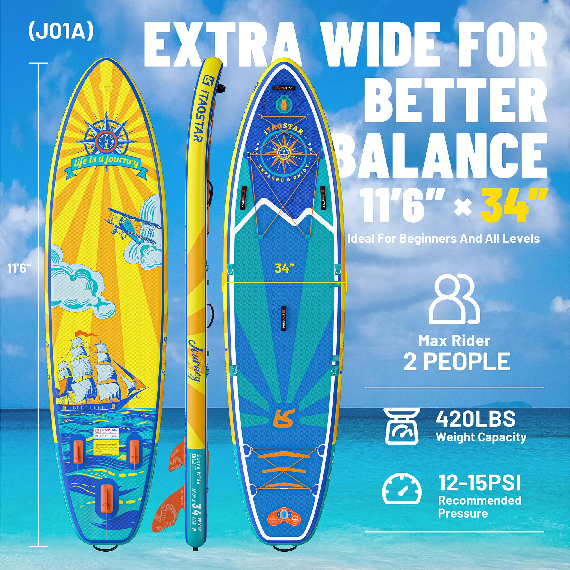 iTAOSTAR Journey 11'6" / 11'×34" / 11'×35" Extra Wide Paddle Board, One-Stop Premium SUP Board Accessories, Tailored Fins, Stable Inflatable Stand Up Paddle Boards for Youth/Adults of All Skill Levels