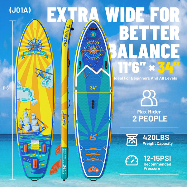 iTAOSTAR Journey 11'6" / 11'×34" / 11'×35" Extra Wide Paddle Board, One-Stop Premium SUP Board Accessories, Tailored Fins, Stable Inflatable Stand Up Paddle Boards for Youth/Adults of All Skill Levels