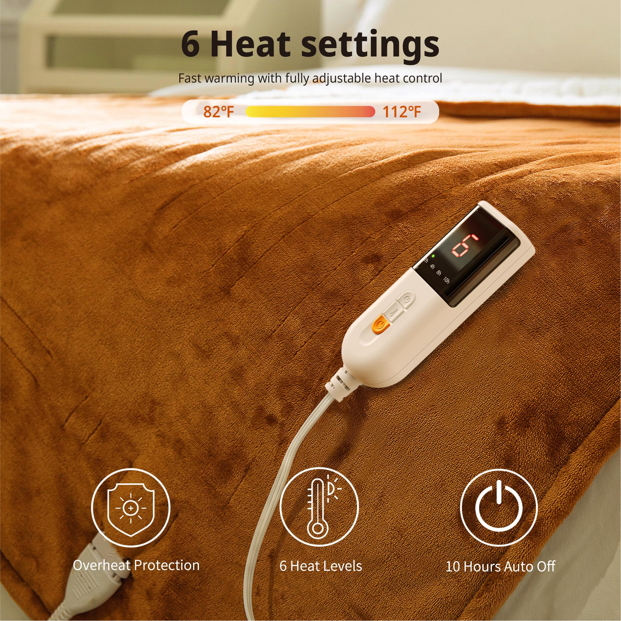 GOTCOZY Heated Blanket Electric Throw 130x160cm -Soft Silky Plush Heated Blanket with 6 Heat Settings & 10 Hours Auto-Off Timer For Home Office Use