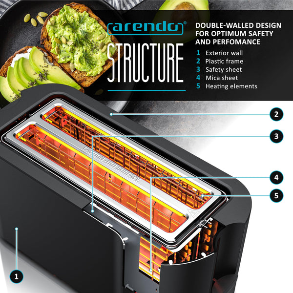 Arendo - 4 Slice Long Slot Toaster - Touch Panel - Remaining Time Display - Double Wall Housing  with Warming Rack  7 Browning Settings  Auto Bread