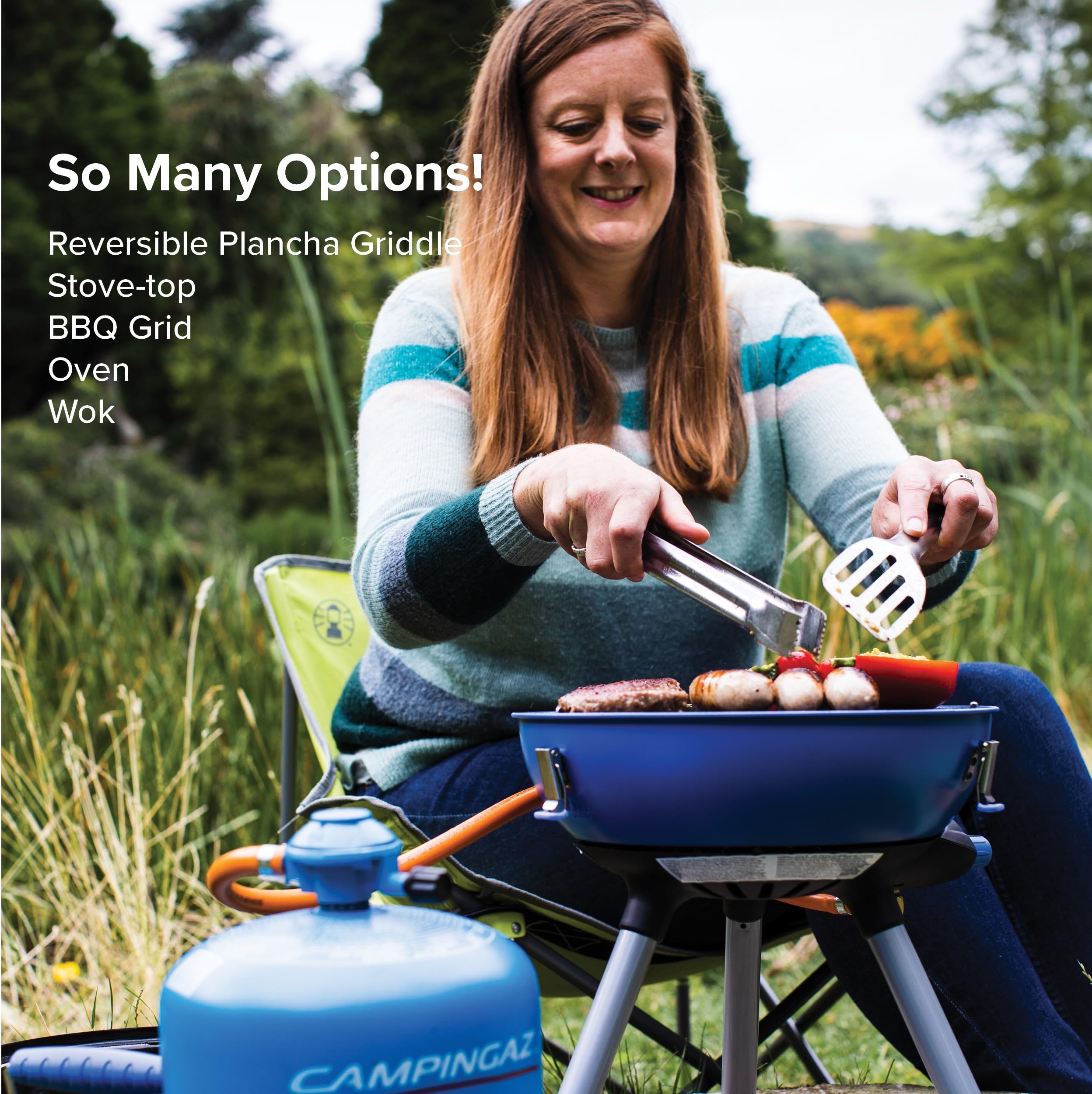 Campingaz Party Grill 400 CV, Camping Stove and Grill, All-in-One Portable Camping BBQ, with Griddle, Grid and Pan Support, Lid Doubles as Wok, Blue