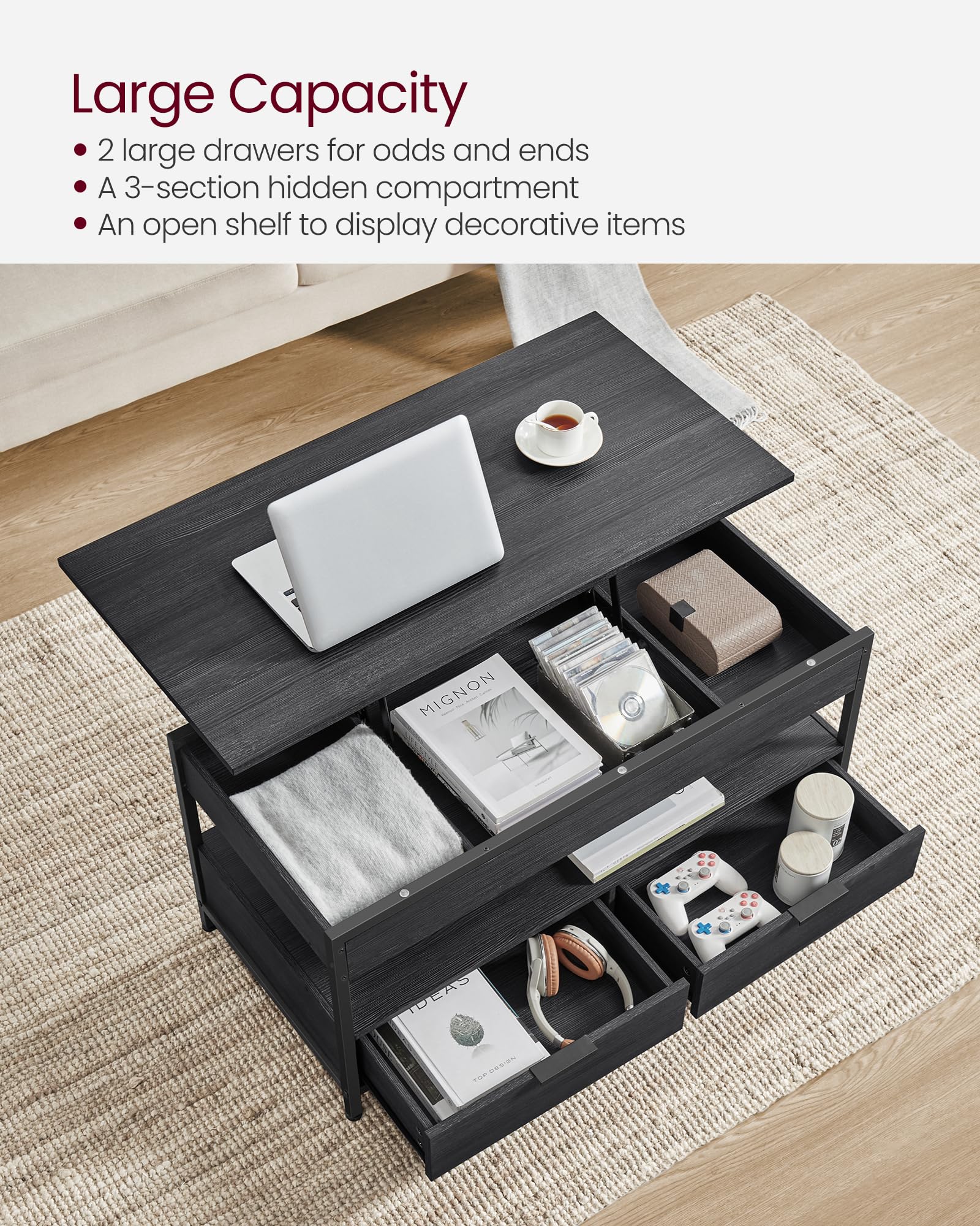 VASAGLE Lift Top Coffee Table, Living Room Table, with Storage Drawers, Hidden Compartments, and Open Shelf, Rustic Brown and Ink Black LCT209K01