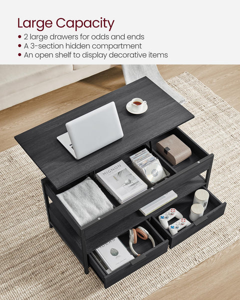 VASAGLE Lift Top Coffee Table, Living Room Table, with Storage Drawers, Hidden Compartments, and Open Shelf, Rustic Brown and Ink Black LCT209K01