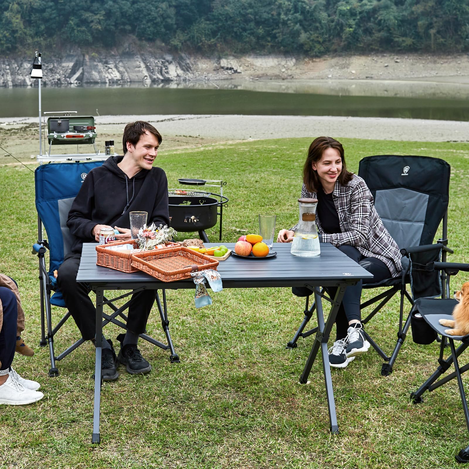 EVER ADVANCED 120X70CM Folding Camping Table with Slatted Top, Aluminium Roll Up Table Height Adjustable, Fold Up Table for 4-6 People, Folding Table