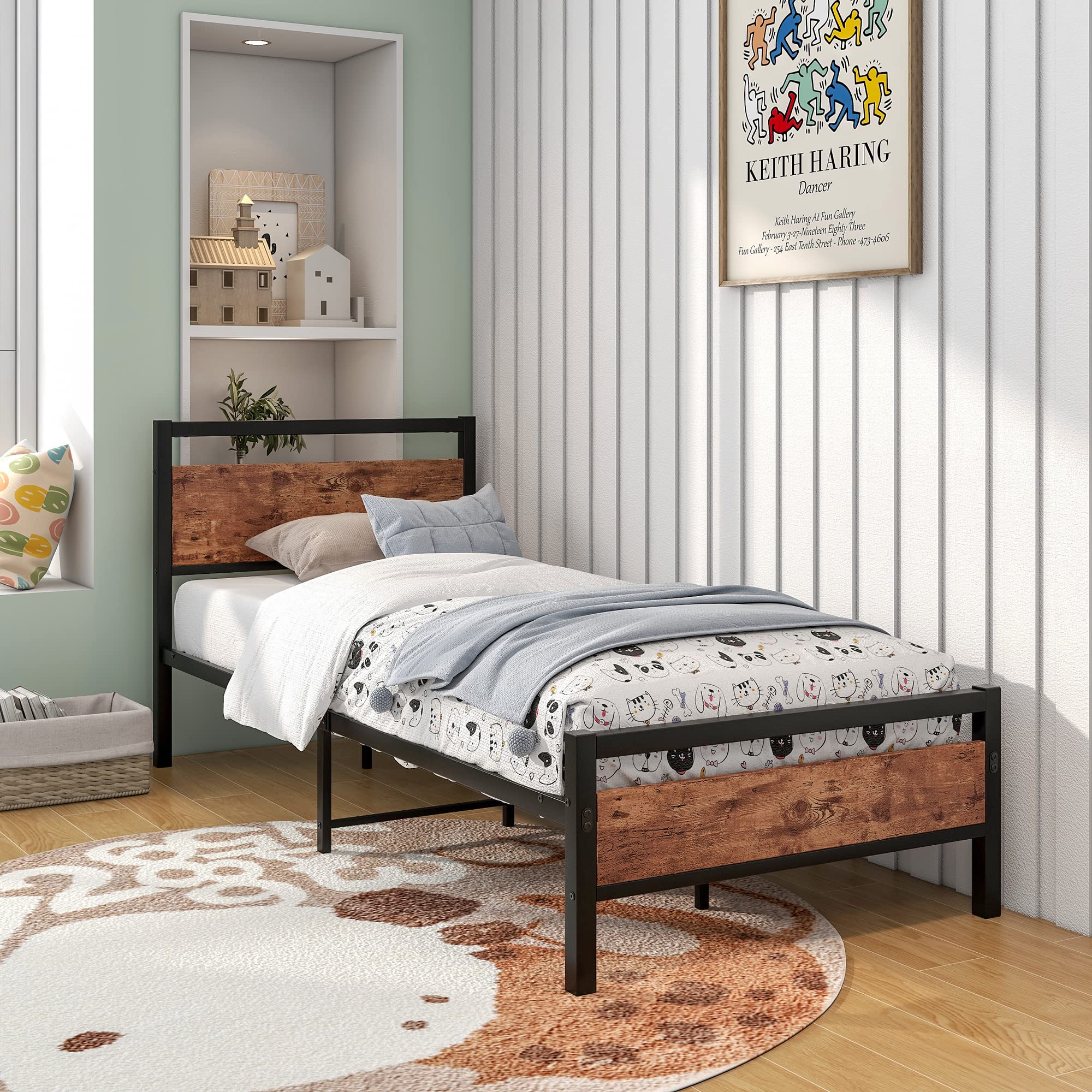 HOJINLINERO Metal Single Bed Frames with Wood Headboard,Industrial Bed Frame Single for Adult,Heavy Duty Platfrom Metal Slats Support,Easy