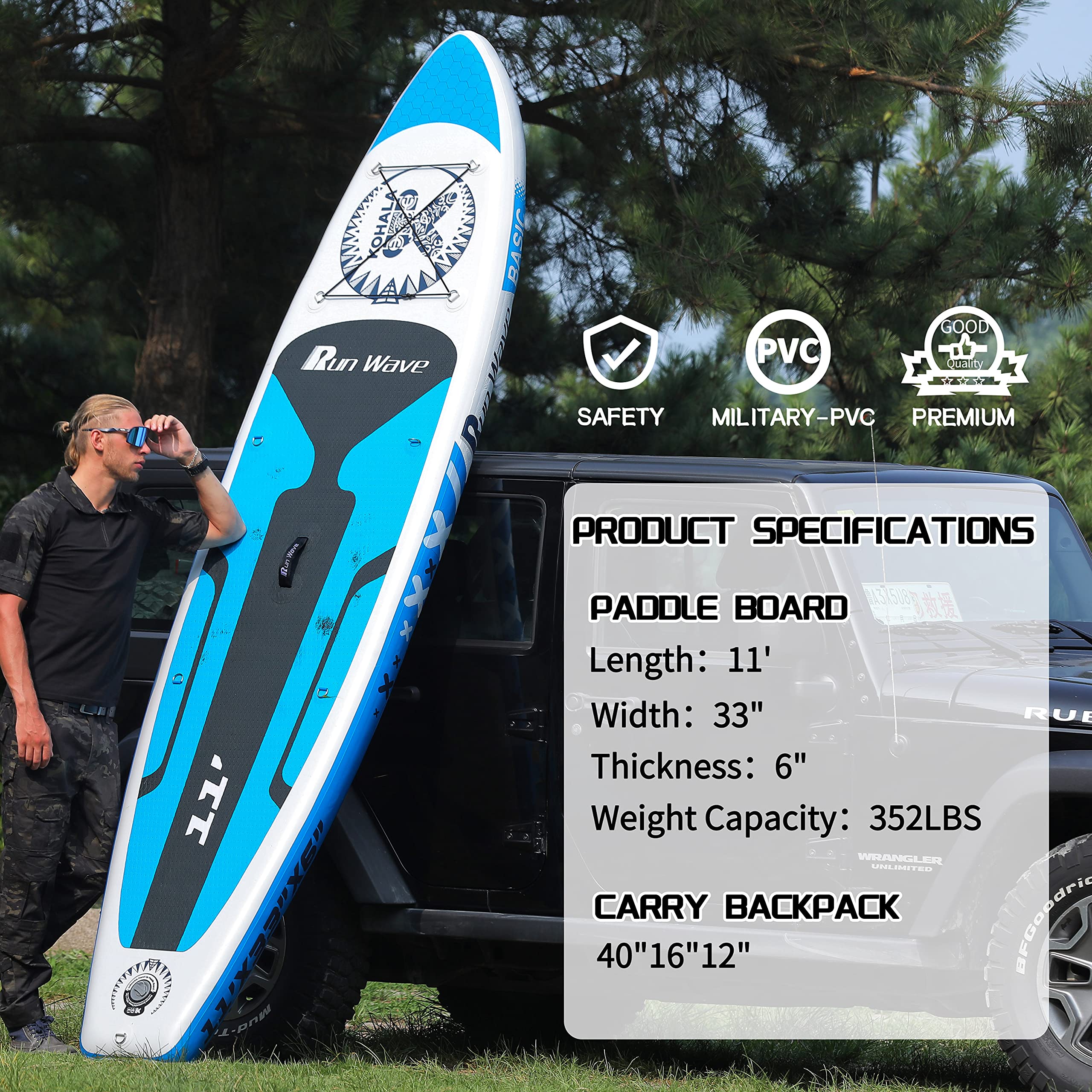 Runwave Inflatable Stand Up Paddle Board 11'×33''×6''(6'' Thick) Non-Slip Deck with Premium SUP Accessories | Wide Stance, Bottom Fins for Surfing Control | Youth Adults Beginner