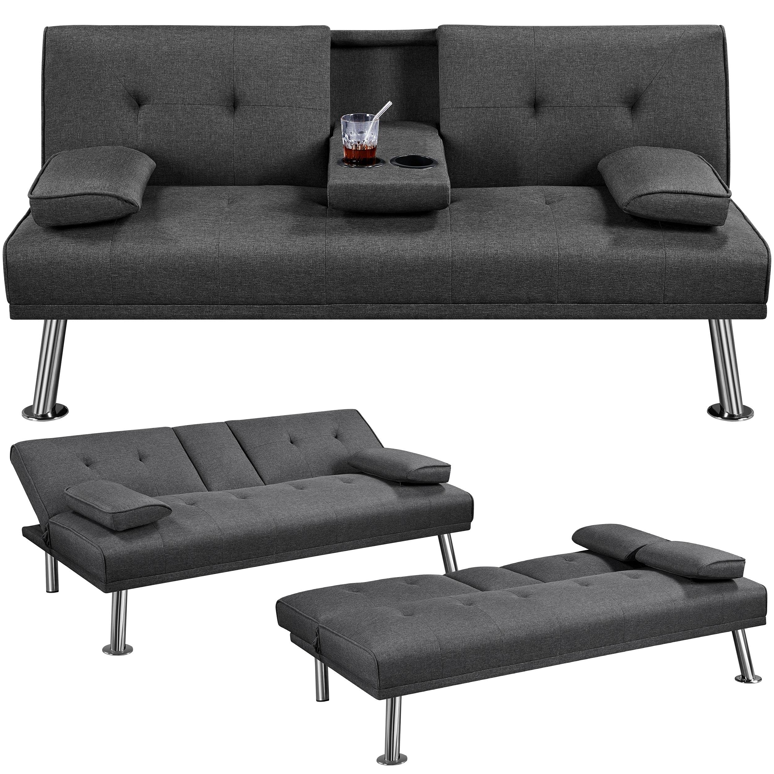 Yaheetech Sofa Bed Fabric Click Clack Sofa Bed with 2 Cup Holders, Convertible Futon Settee, Futon Recliner Lounge for Living Room, Spare Room, Bedroom, Black