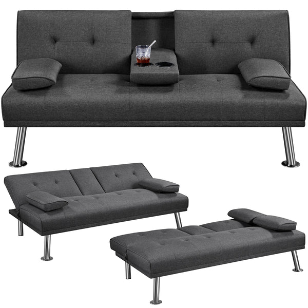 Yaheetech Sofa Bed Fabric Click Clack Sofa Bed with 2 Cup Holders, Convertible Futon Settee, Futon Recliner Lounge for Living Room, Spare Room, Bedroom, Black