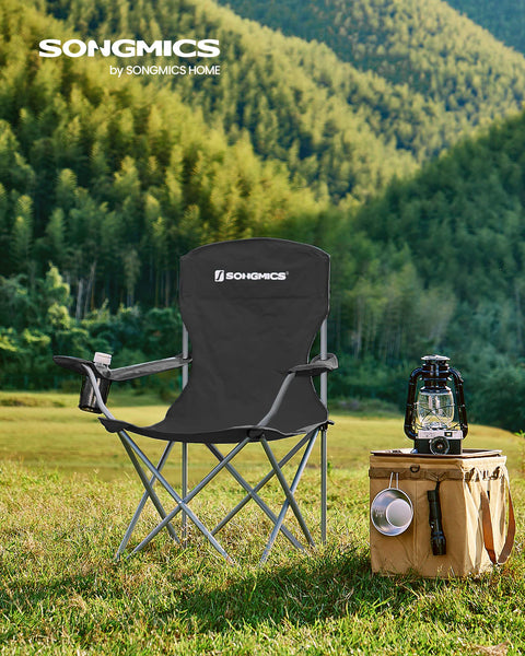 SONGMICS Set of 2 Folding Chairs, Camping Chairs, Comfortable Heavy Duty Structure, Max. Load 150 kg, with Drink Holder, Outdoor Chair