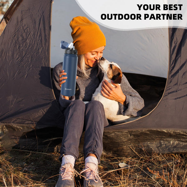 OLDLEY Stainless Steel Water Bottle with Straw 1L Vaccum Insulated Large Drink Flask Metal Water Bottles 1 Litre Leakproof Keep Drinks Hot Cold for Sports Gym with Different Lids(Purple Green, 3 Lids)