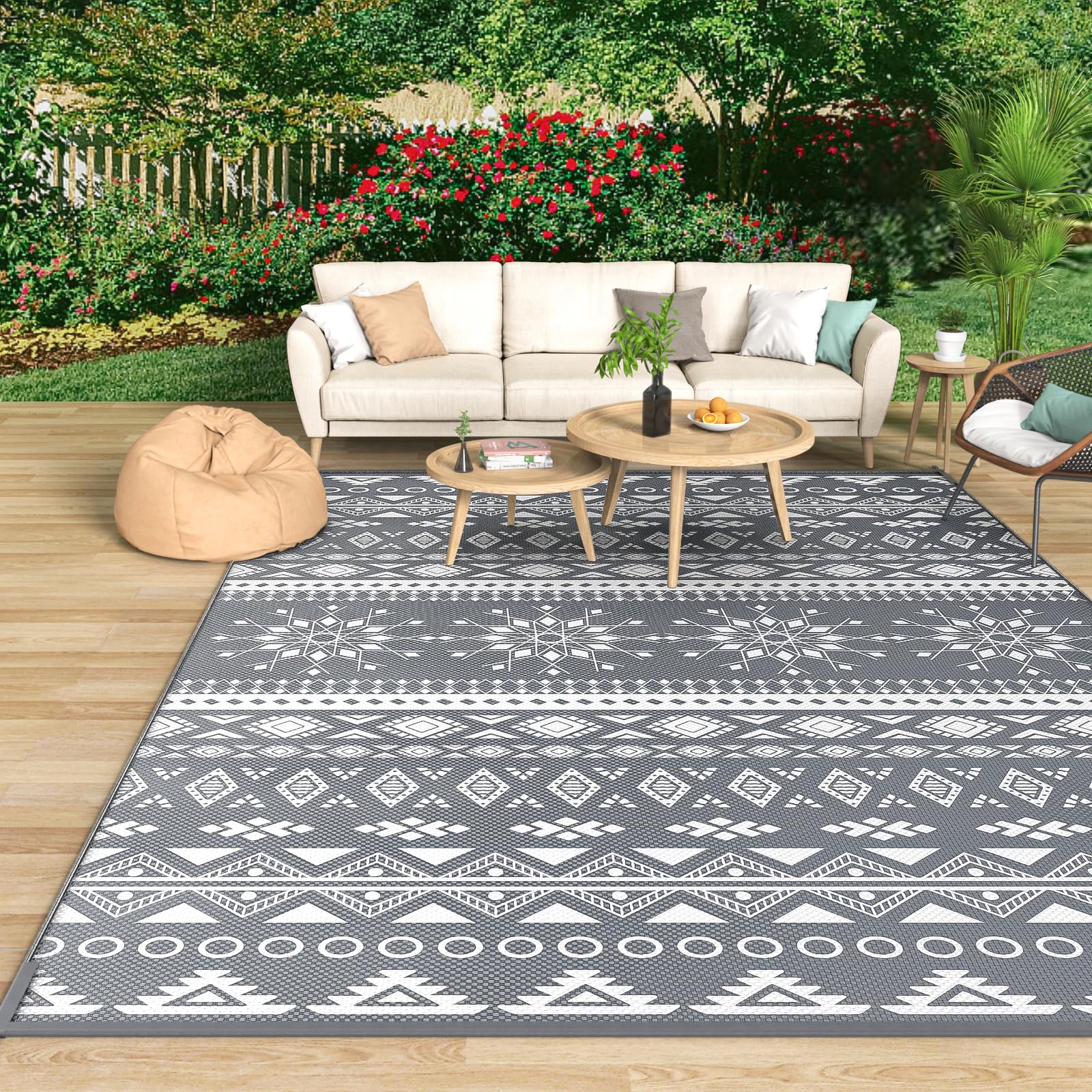 MOKANI Large Outdoor Rug for Patio Waterproof, Reversible Garden Rugs 180x270 cm, Plastic Carpet, Lightweight Foldable Boho Area Mats, UV Resistant