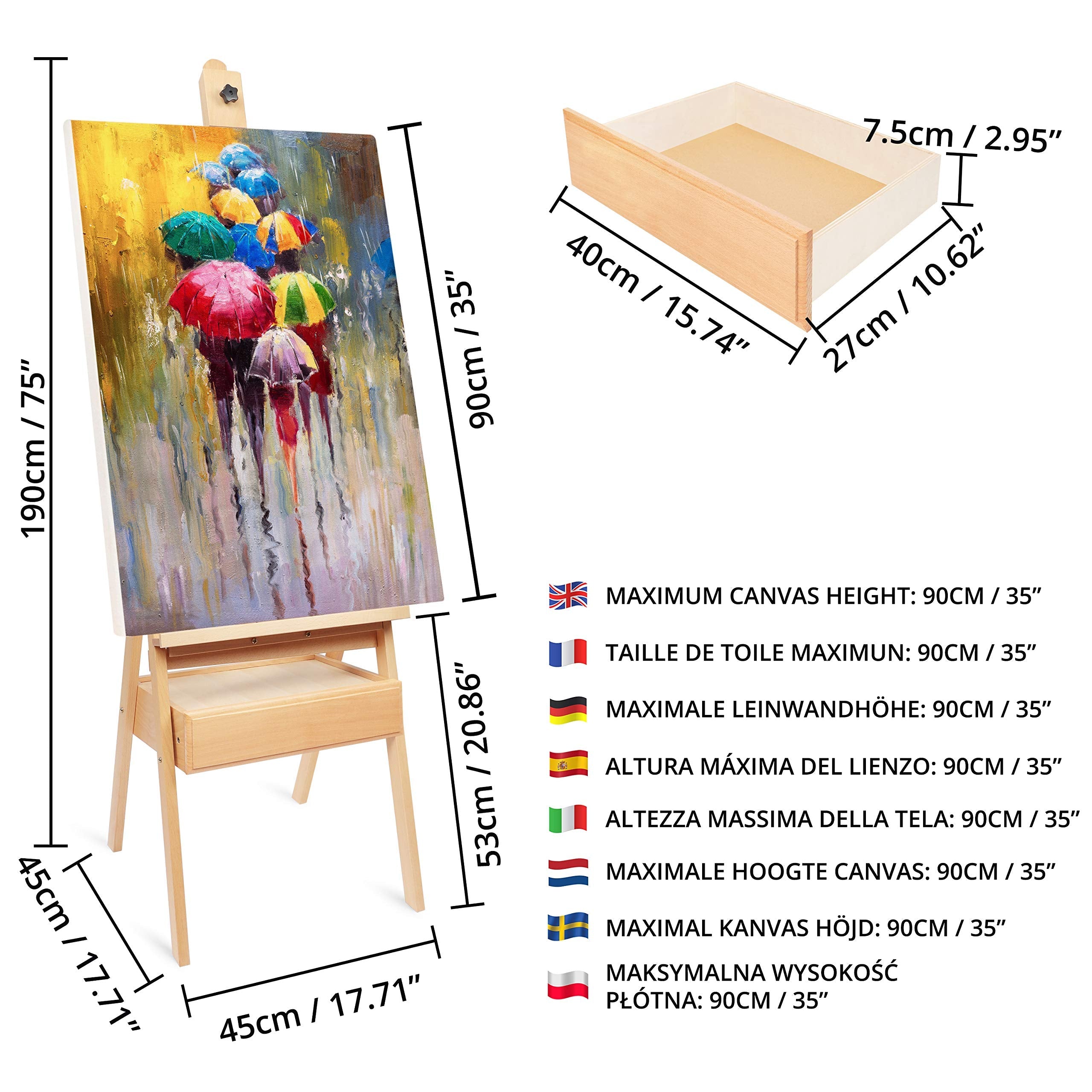 Kurtzy 190 cm(75 inches) Wooden H-Frame Studio Easel with Artist Storage Drawer - Adjustable to High - Large Art Easel with Canvas Holder - Sturdy
