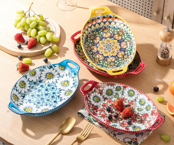 Henten Home Salad Bowl Set of 4, Porcelain Large Pasta Bowl/Fruit Bowls with Handles - 32 OZ, Vibrant Colour Large Bohemian Bowls Serving Dishes for