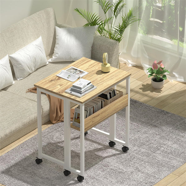 GreenForest Small Folding Desk with Storage Shelf,63 cm Computer Rolling Desk on Wheels Easy Assembly,Foldable desk for Small Space,Oak