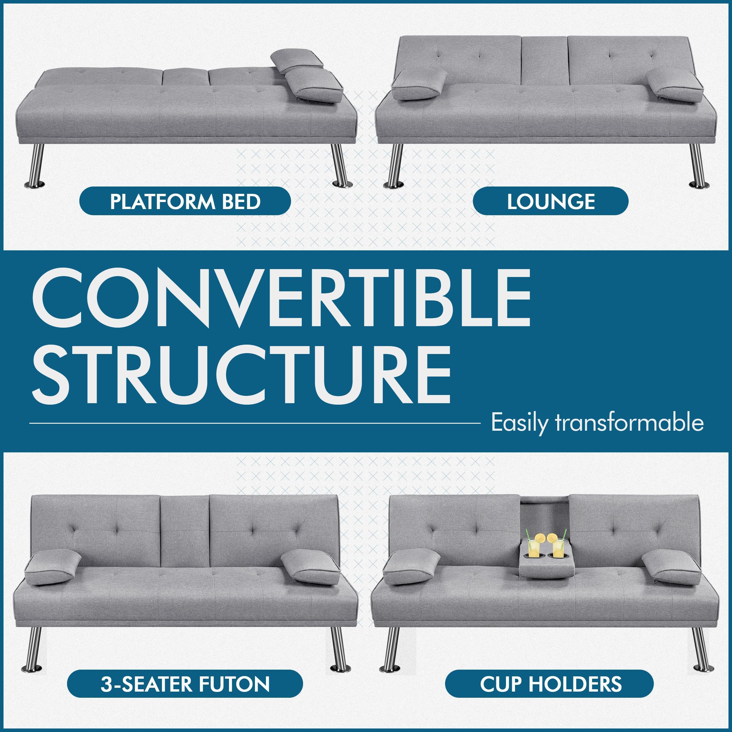 Yaheetech Sofa Bed Fabric Click Clack Sofa Bed with 2 Cup Holders, Convertible Futon Settee, Futon Recliner Lounge for Living Room, Spare Room, Bedroom, Black