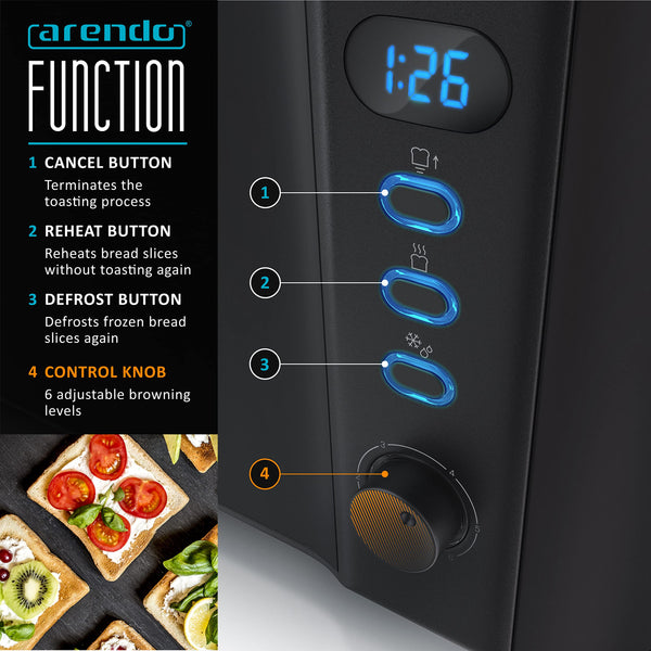 Arendo Frukost 4 slice long slot toaster, Double wall housing, with warming rack, 6 Browning settings, auto bread centring, Reheat Defrost Cancel