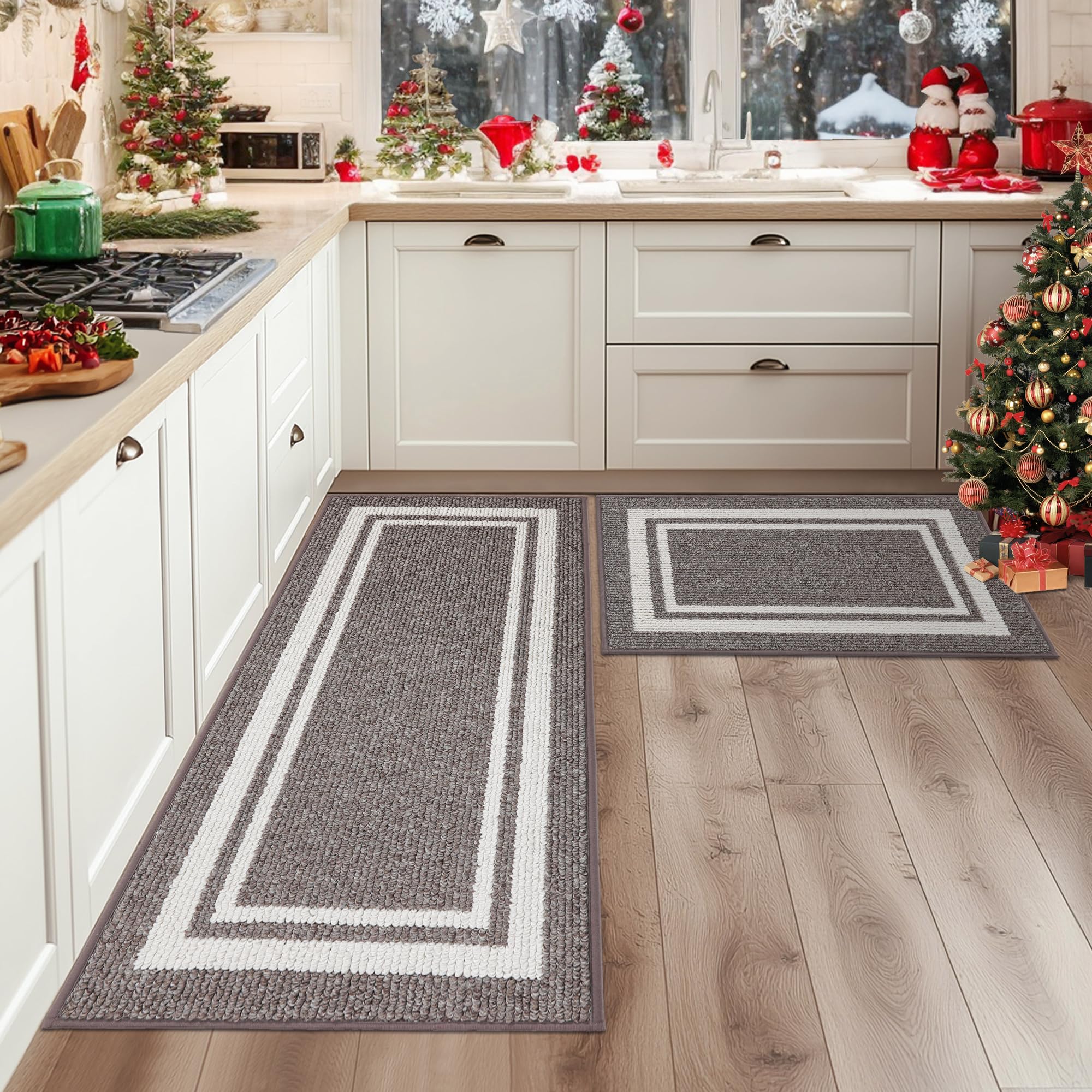 COSY HOMEER Kitchen Rugs 2 Pieces, 51x76cm+51x122cm, Absorbent and Stain-Resistant Kitchen Mats Non-Slip, Machine Washable Kitchen Runners Floor Mat