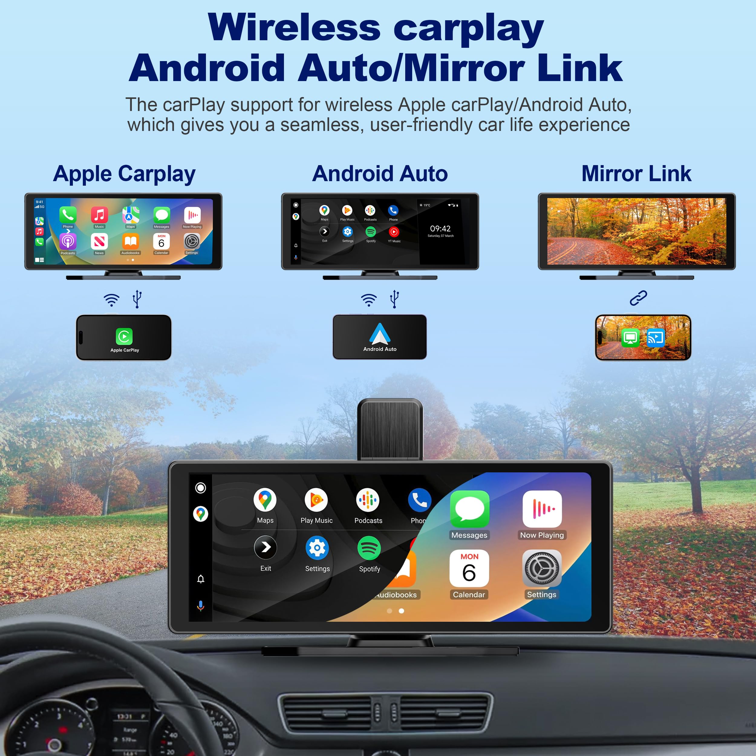 Portable Car Stereo,for Wireless Apple Carplay & Android Auto,7 Inch 1080P HD Touch Screen Radio with BT 5.0, Mirror Link Support Truck RV Dash Mount (7 inch)