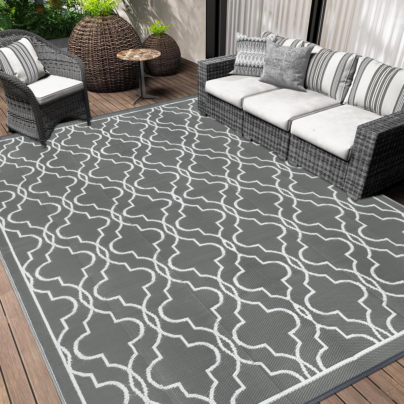 Cekene Large Outdoor Rug Waterproof Black 245x305cm Patio Rugs Reversible RV Camping Mat Lightweight Plastic Portable Outdoor Carpet for Picnic Porch Deck Backyard BBQ Beach