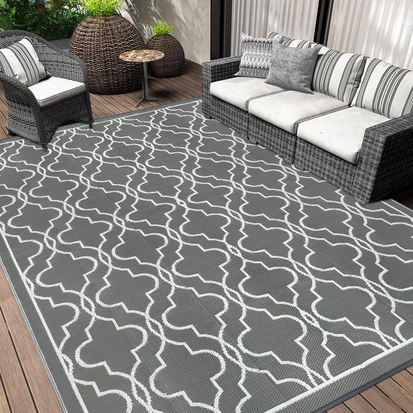 Cekene Large Outdoor Rug Waterproof Black 245x305cm Patio Rugs Reversible RV Camping Mat Lightweight Plastic Portable Outdoor Carpet for Picnic Porch Deck Backyard BBQ Beach