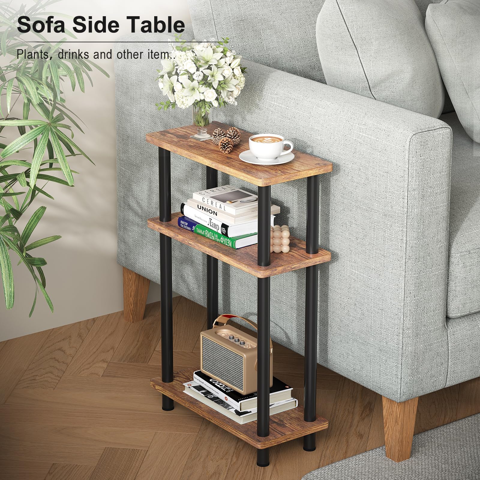 APICIZON Narrow Side Table, Slim Small Table, 3 Tier End Table Living Room, 40x18x61.5cm, Modern Thin Side Tables for Living Room, Bedroom, Sofa,