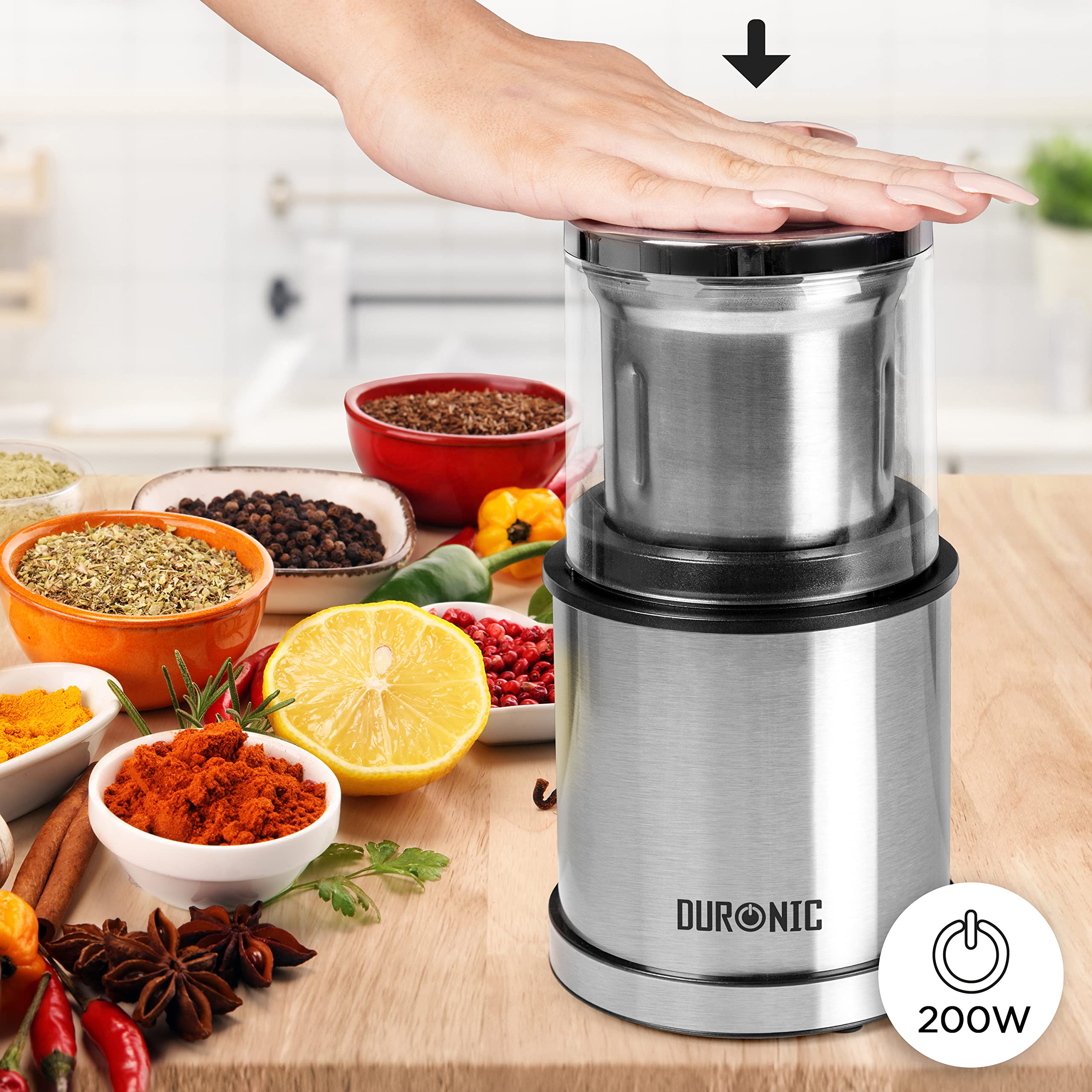 Duronic Electric Blade Coffee Grinder CG421, 2 in 1 Spice Grinder Kitchen Machine, Wet & Dry Grinding Mini Mill Hopper, 75g/220ml, 200W, 2X Stainless