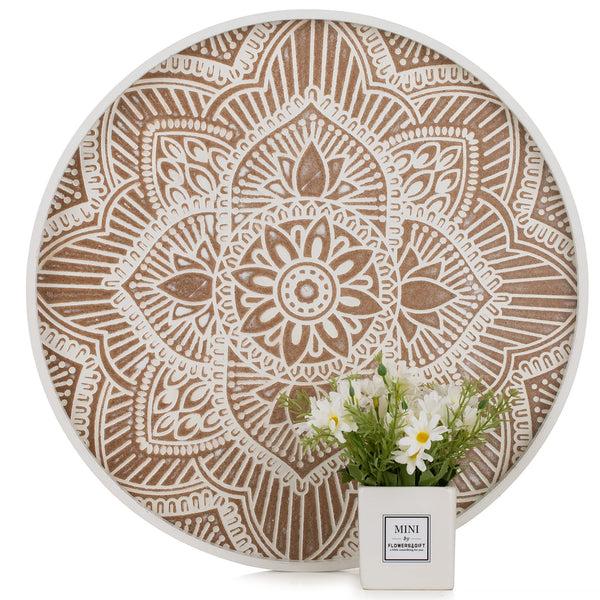 Hanobe Large Wood Decorative Tray: Boho Rustic Ottoman Tray Farmhouse Coffee Table Centerpiece Decor - Wooden Serving Round Tray for Kitchen Counter