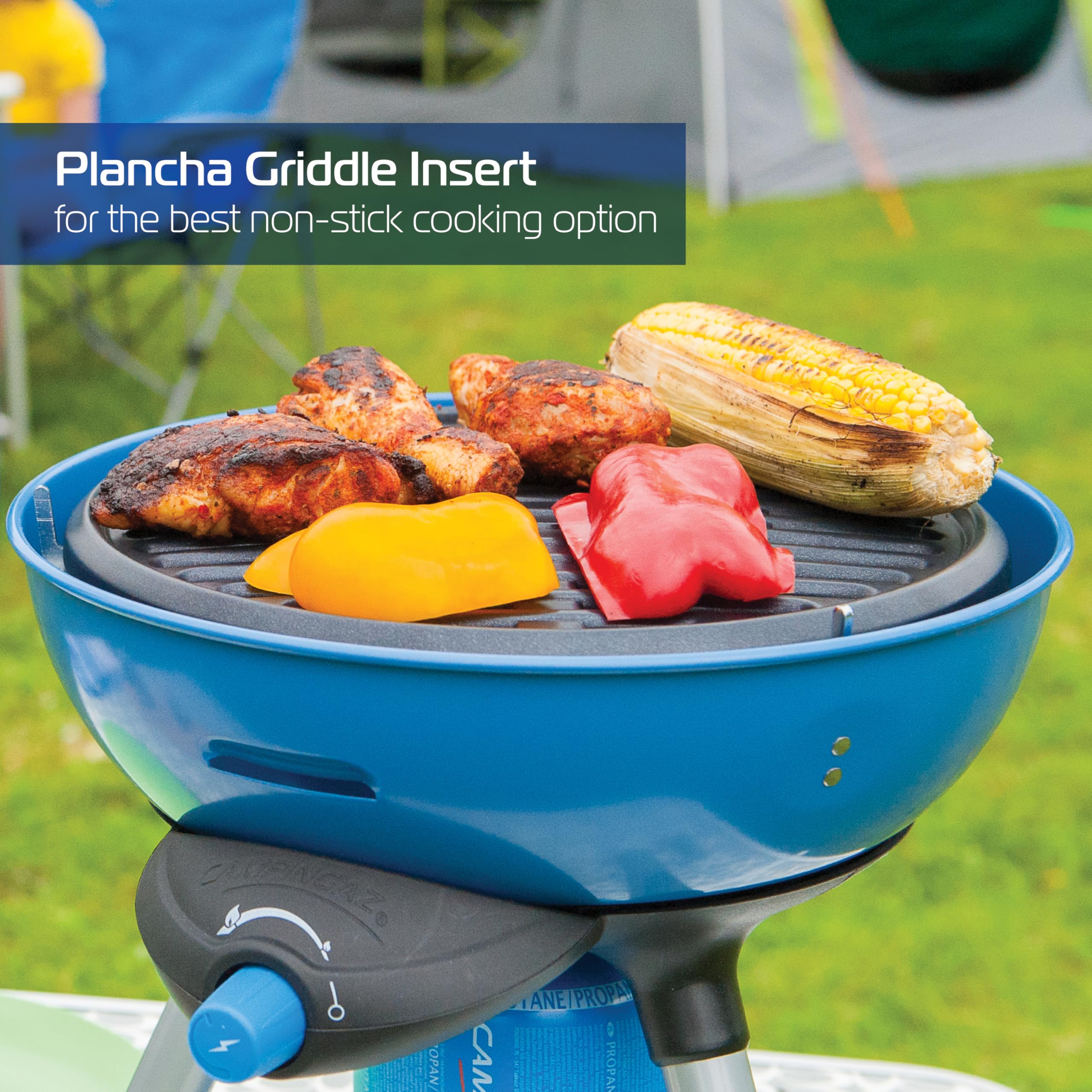 Campingaz Party Grill 400 CV, Camping Stove and Grill, All-in-One Portable Camping BBQ, with Griddle, Grid and Pan Support, Lid Doubles as Wok, Blue