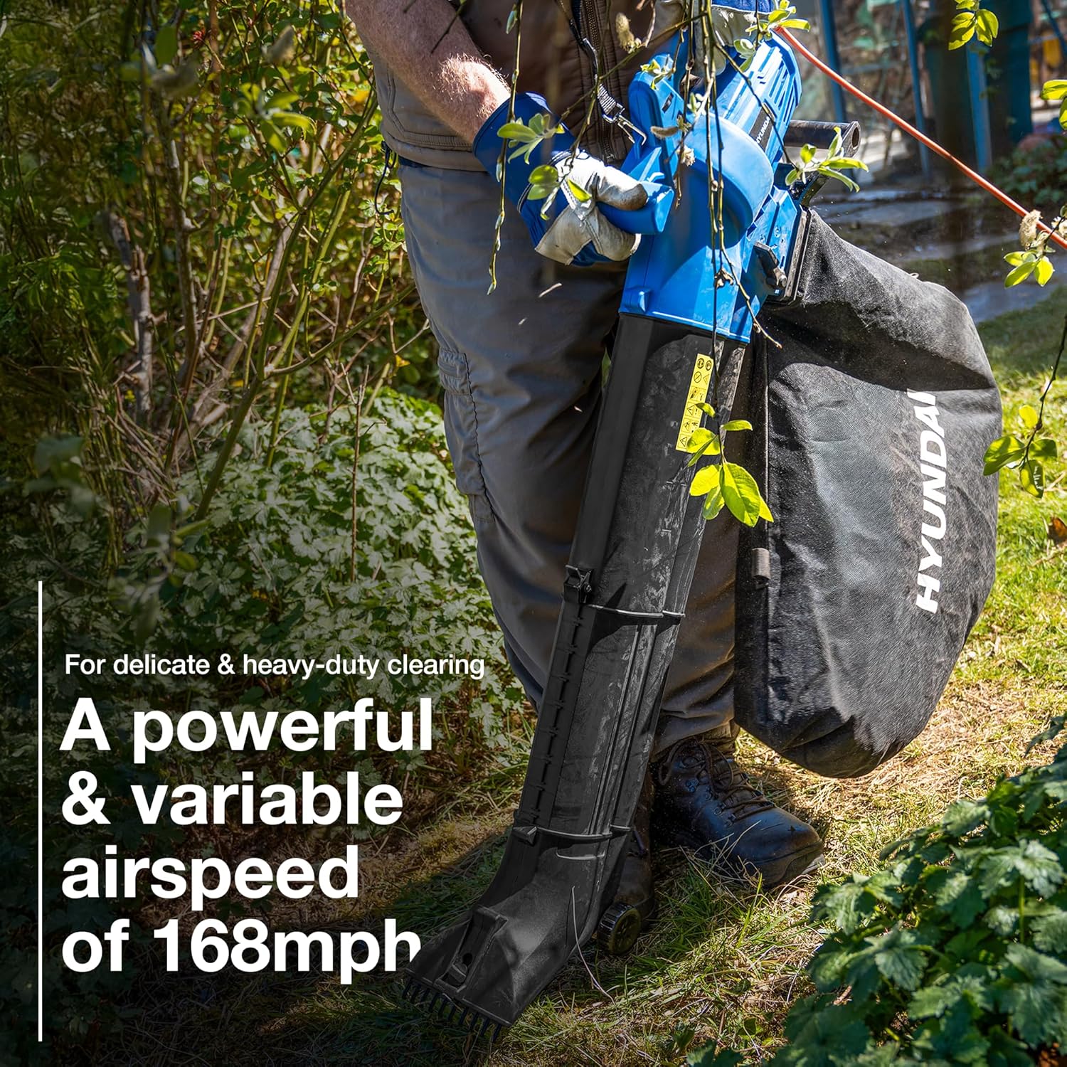 Hyundai Leaf Blower, Garden Vacuum & Mulcher with Large 45 Litre Collection Bag, 12m Cable, 62-170mph Variable Airspeed, Reaches Whole Garden & 3 Year Warranty, Blue