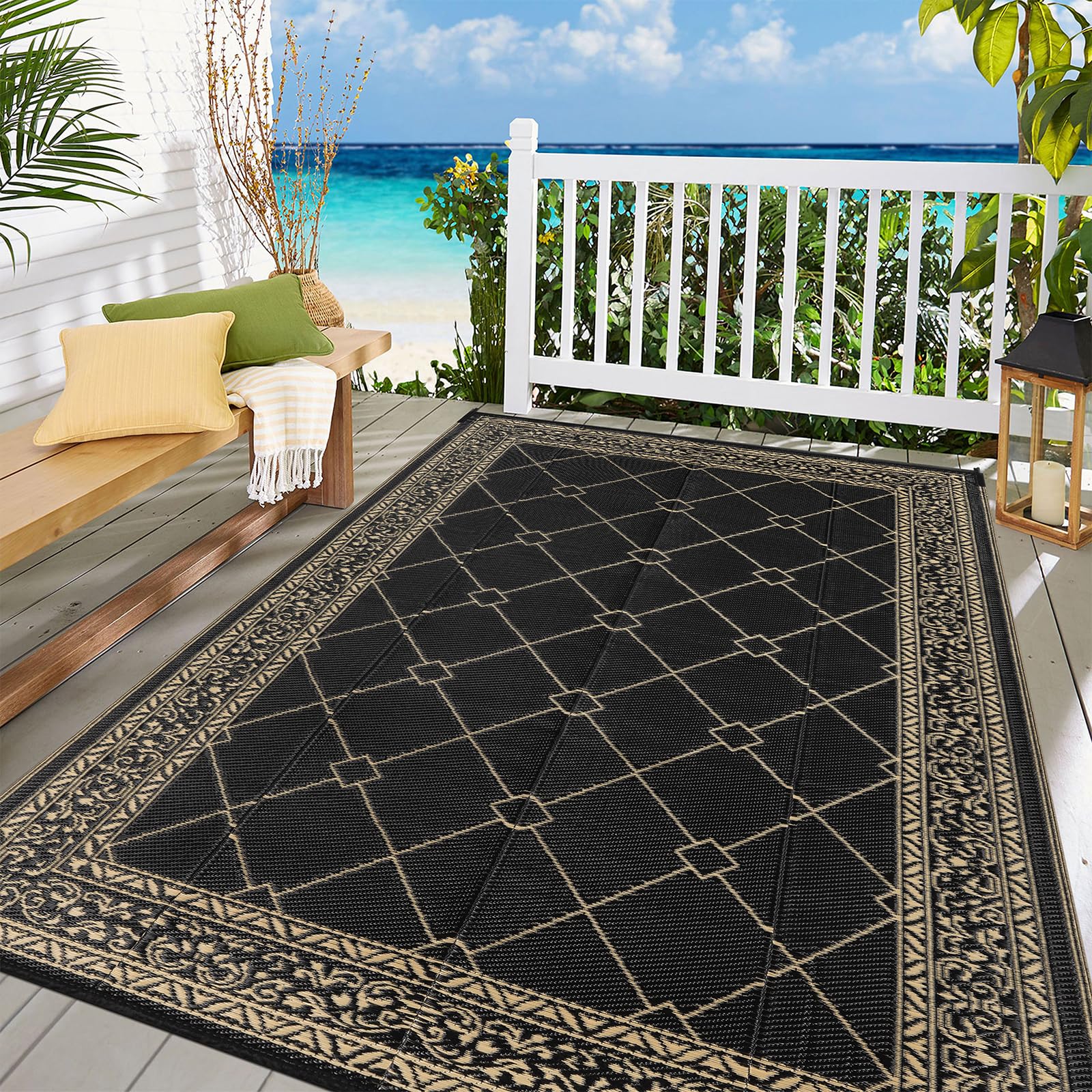 Enyhom Outdoor Rugs for Garden Waterproof, 150 x 240 cm Reversible Plastic Patio Foldable Mat, Portable Easy Cleaning Carpet Rug, Heavy Duty Picnic