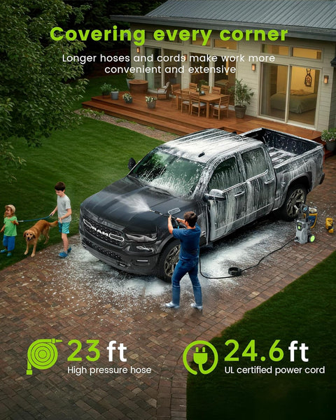 ETOOLAB Pressure Washers, 160Bar 450L/H Electric Power Washers with Foam Cannon, 4 Nozzles, 15M Total Long High Pressure Washer for Cars, Fences, Patios, Decks, Patios and Driveway