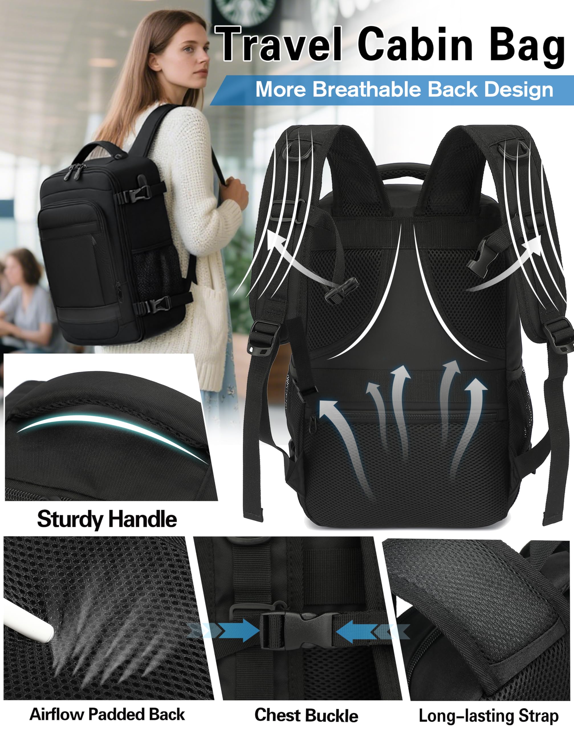 KLOSTAIN for Easyjet Cabin Bag 45x36x20 Travel Backpack Hand Luggage Carry-ons Bag Laptop Backpack Ruscksack for Airplanes Flight New Easyjet Underseat Cabin Bags Fit 14" Laptop Navy