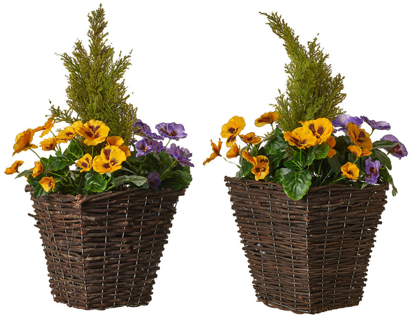 2 x Artificial Rattan Patio Planters with Purple and Yellow Faux Silk Pansies and Conifer/Cedar Topiary ideal for Home, Patio, Garden Outdoor Living