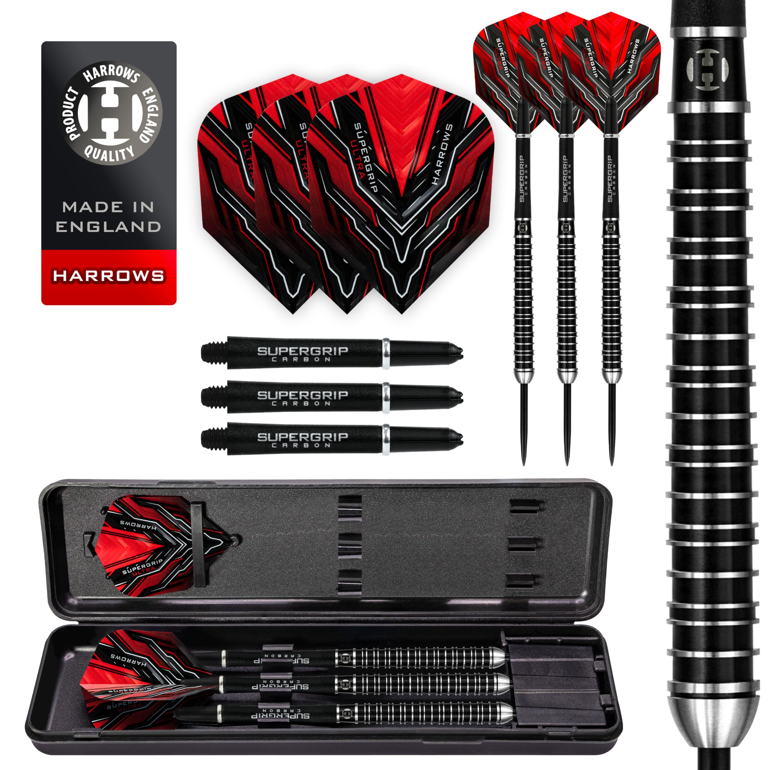 Harrows SUPERGRIP ULTRA 90% Tungsten Steel Tip Darts Set. Available in 21g, 22g, 23g, 24g, 25g, 26g, 28g & 30g - Includes Supergrip Carbon Shafts,