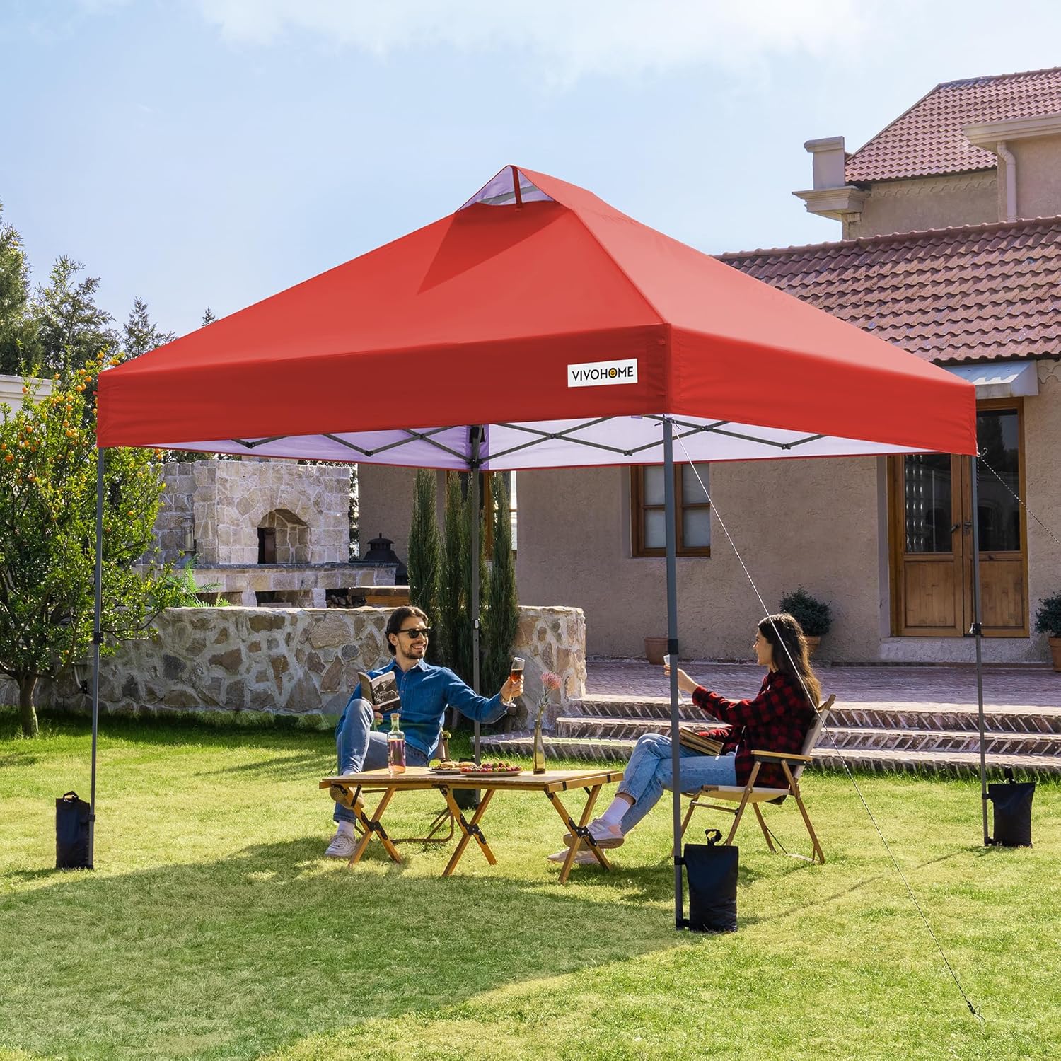 VIVOHOME Canopy Tent 3x3m Outdoor Shelter 2 Tiers Roof with Portable Wheel Carry Bag and 4 Sandbags Pop Up for Patio Garden Backyard