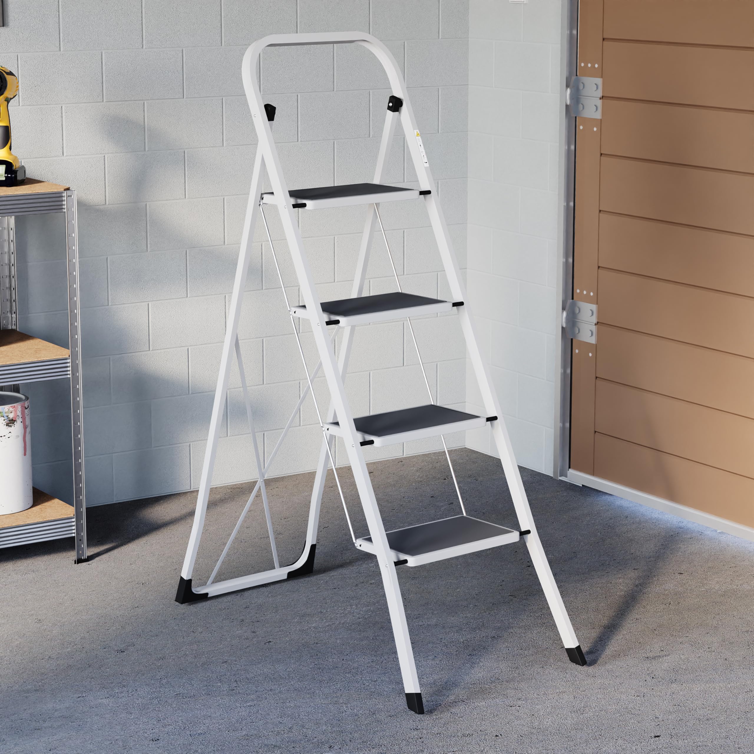Home Vida 3 Step Ladder - Heavy Duty Steel Folding Ladder with Slip-Resistant and Wide Steps, Folding Mechanism, 150kg Max Load, Home/Kitchen/DIY/Garden Use, White