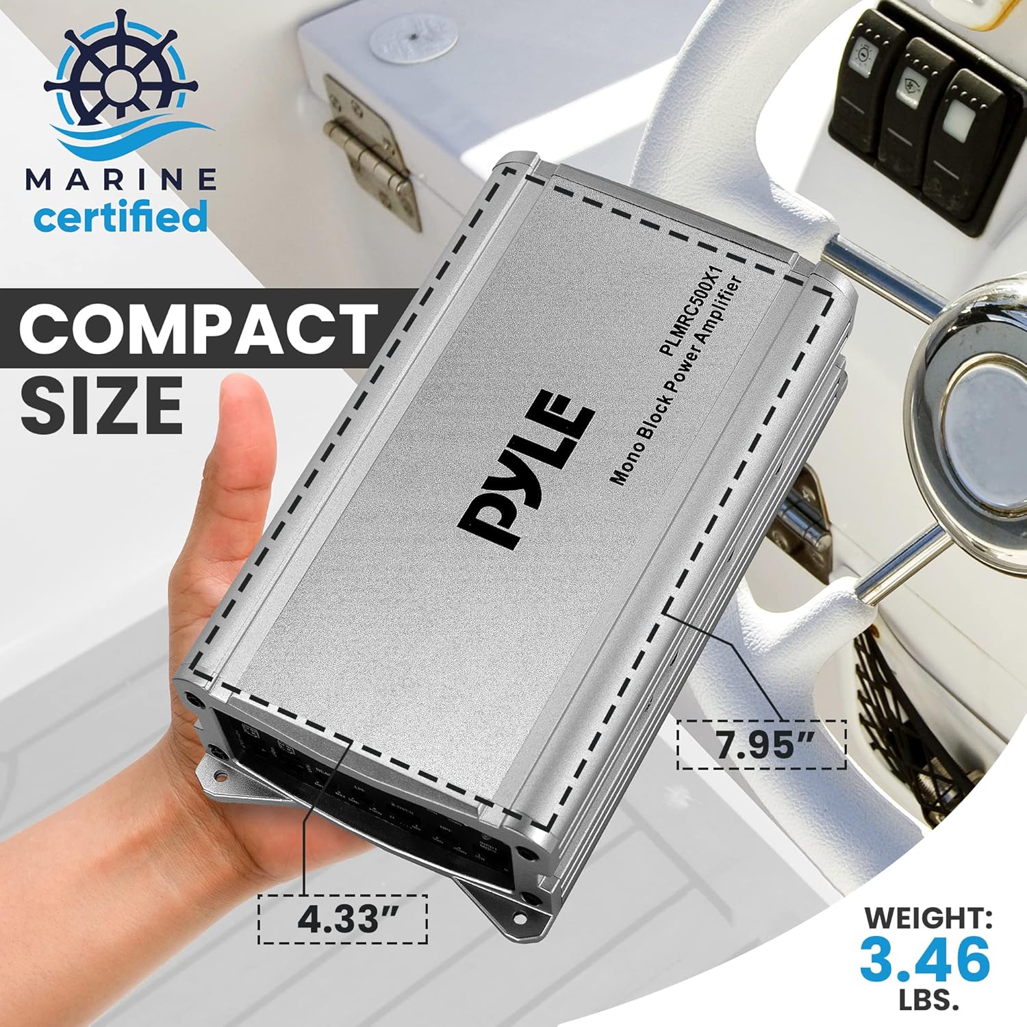 Pyle Mono-Block Audio Amplifier System - Class D Compact Car Amp, Weather Resistant, IPX4 Rated, for Car, ATV, UTV, Jeep, Motorcycle, Marine, Soft Turn On/Off, Power Protection, 7.95"x4.33"x1.87"