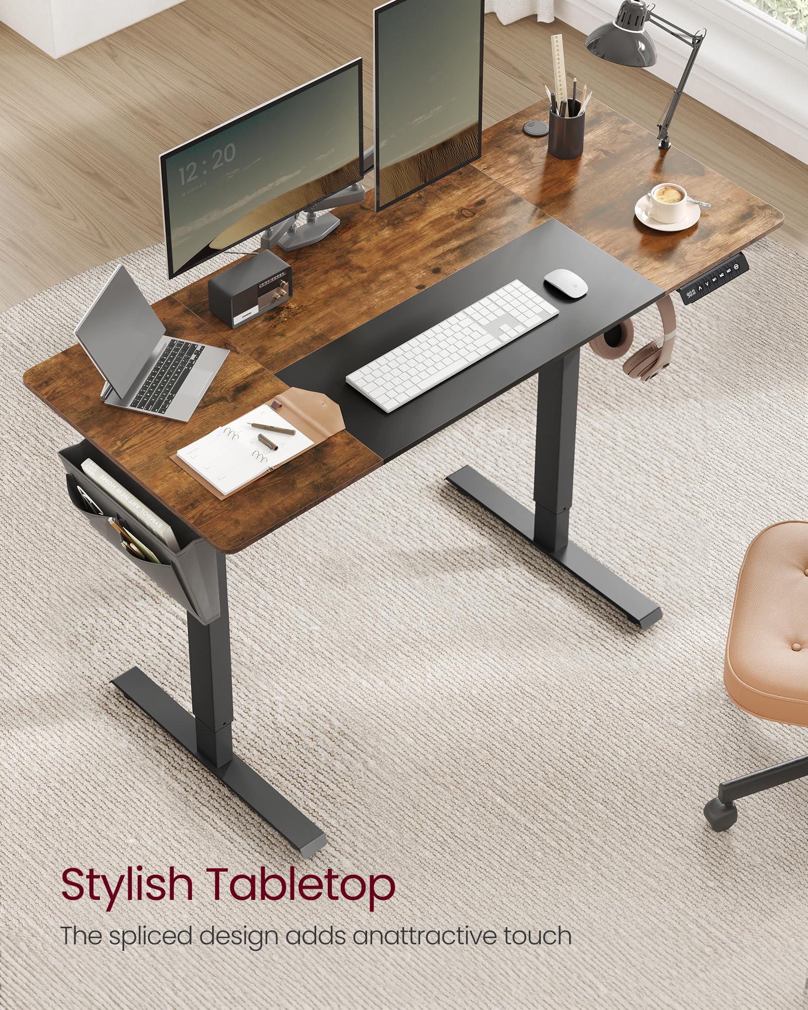 VASAGLE Electric Standing Desk, Height Adjustable Desk, 60 x 140 x (72-120) cm, 4 Memory Heights, Storage Pocket, for Home Office, Study, Rustic Brown and Ink Black LSD134K02