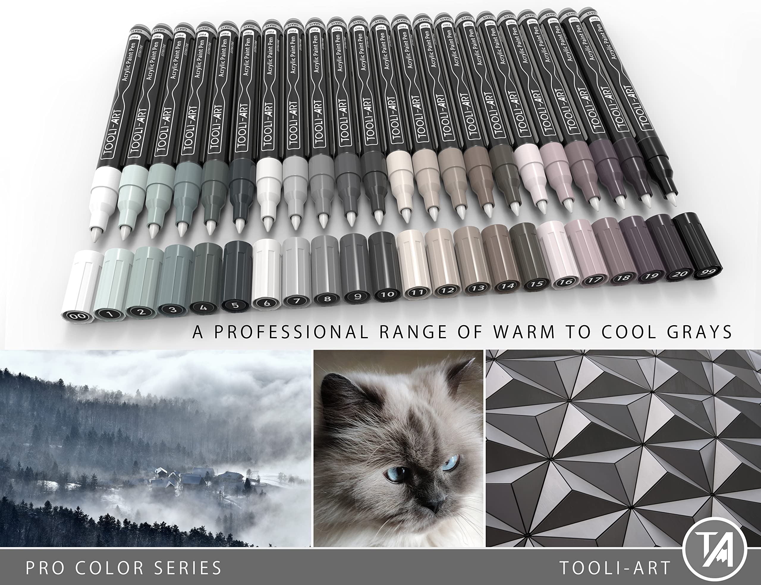 Acrylic Paint Pens 22 Gray Tones Assorted Pro Colour Series Markers Set 0.7mm Extra Fine Tip for Rock Painting, Glass, Mugs, Wood, Metal, Canvas,