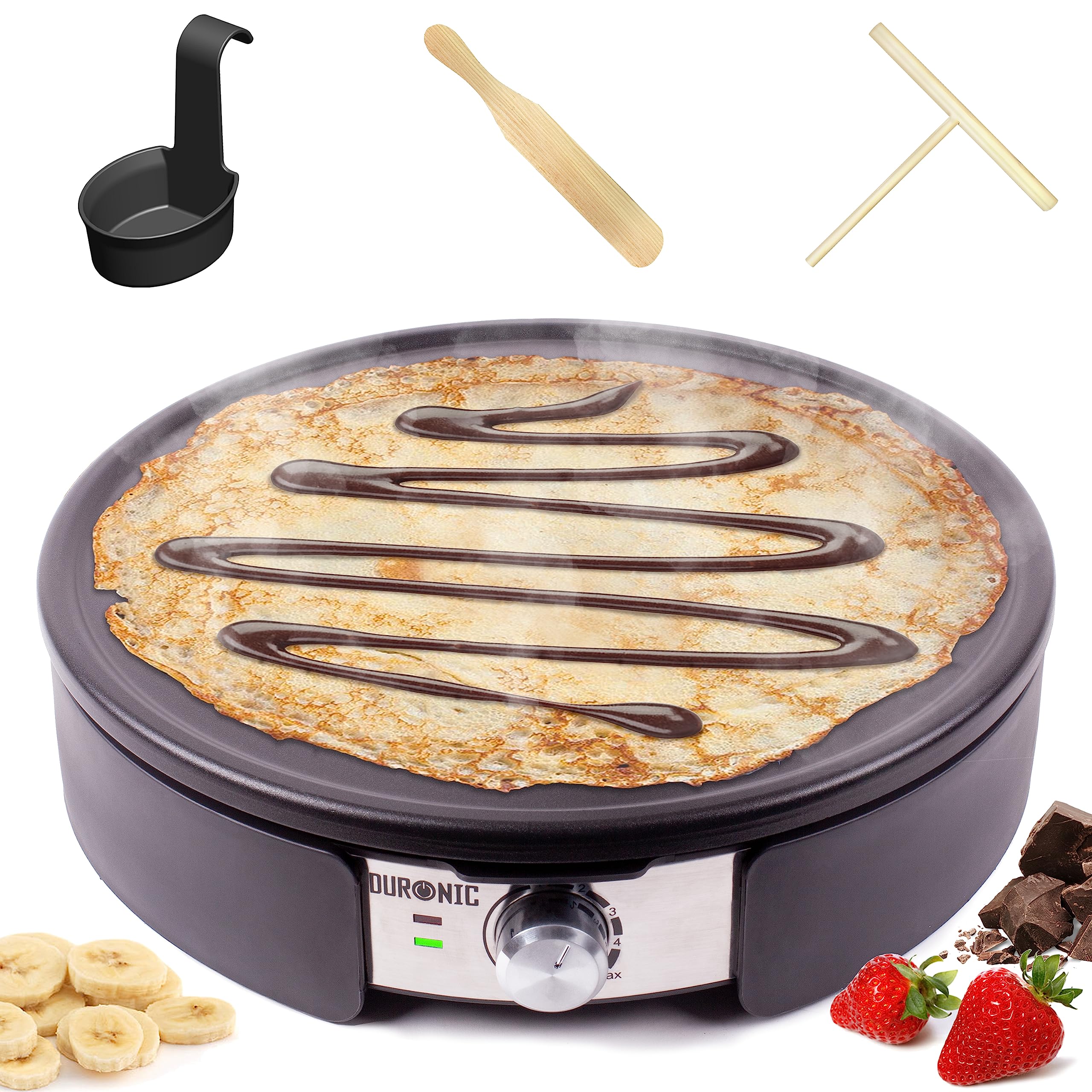 Duronic Crepe Maker PM152 Electric Pancake Maker Machine 37cm Non Stick Removable Hot Plate for Crepes, Omelettes & Pancakes Includes Crperie
